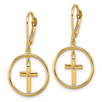 14k Polished Cross in Circle Leverback Dangle Earrings — alternate view