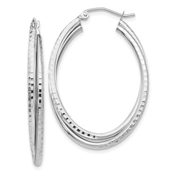 14k White Gold Diamond-cut Polished Oval Hoop Earring