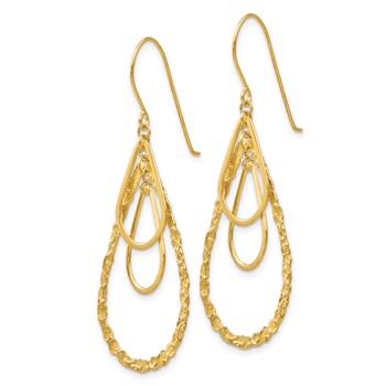 14K Polished and Textured Teardrops Dangle French Hook Earrings — alternate view