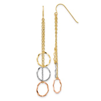 14K Tri-Color Faceted Circles and Chain Dangle French Hook Earrings