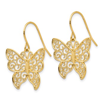 14K Large Filigree Butterfly Dangle French Hook Earrings — alternate view