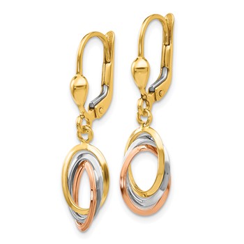 14K Tri-Color Polished Intertwined Ovals Dangle Leverback Earrings — alternate view