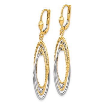 14K Two-Tone Textured and Polished Ovals Dangle Leverback Earrings — alternate view