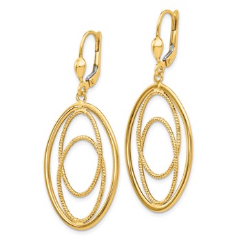 14K Textured and Polished Oval Design Dangle Leverback Earrings — alternate view
