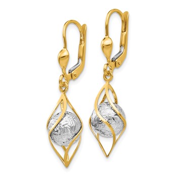 14K Two-tone Polished Diamond-cut Bead and Twist Dangle Leverback Earrings — alternate view
