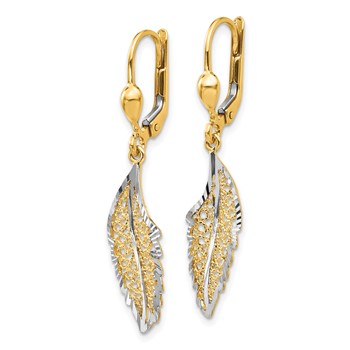 14K and White Rhodium Polished and Textured Filigree Leaf Dangle Leverback Earrings — alternate view