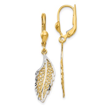 14K and White Rhodium Polished and Textured Filigree Leaf Dangle Leverback Earrings