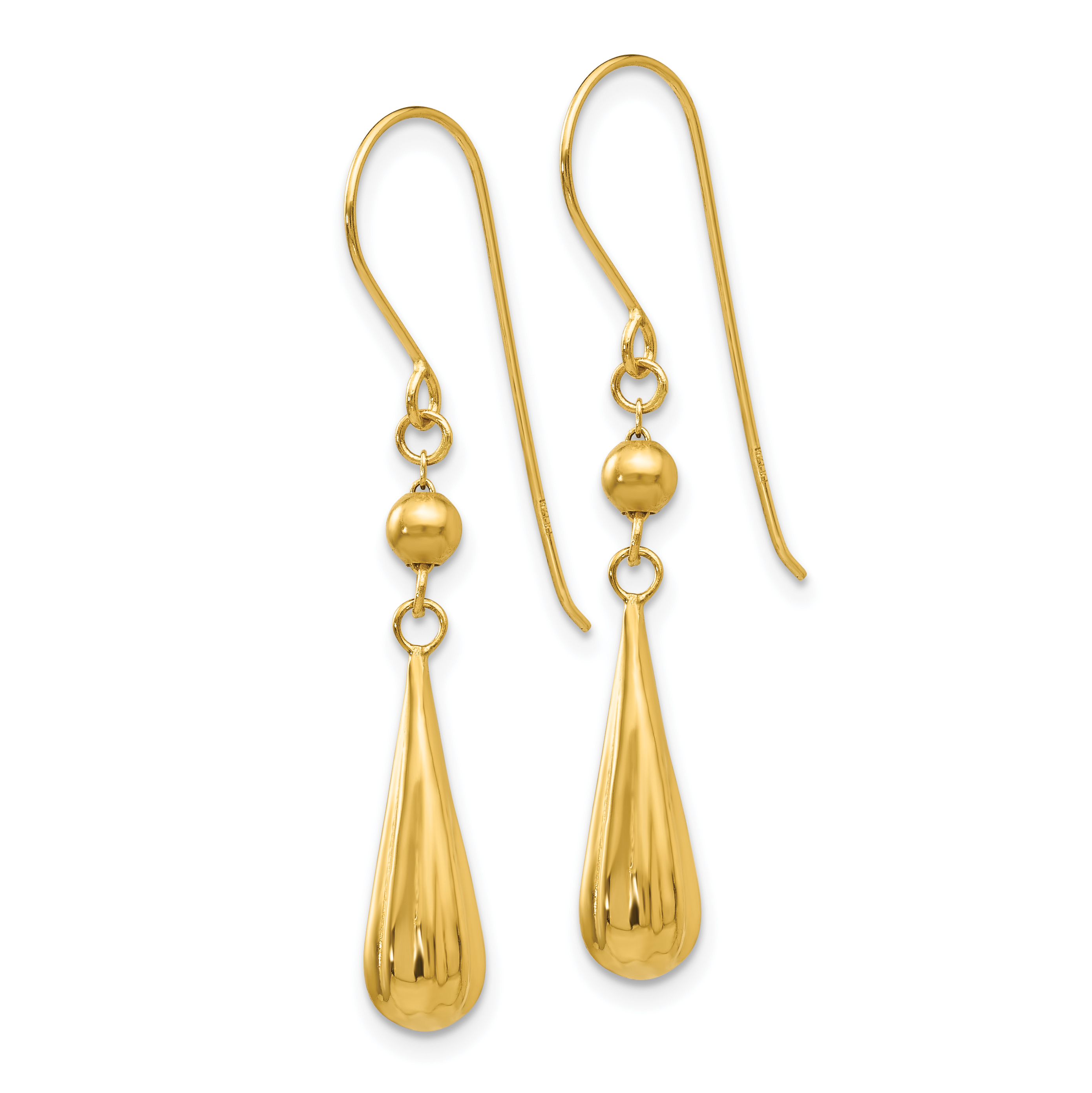 Grooved Puffed Teardrop Dangle French Hook Earrings 14k Yellow Gold 37x5mm detailed image 2