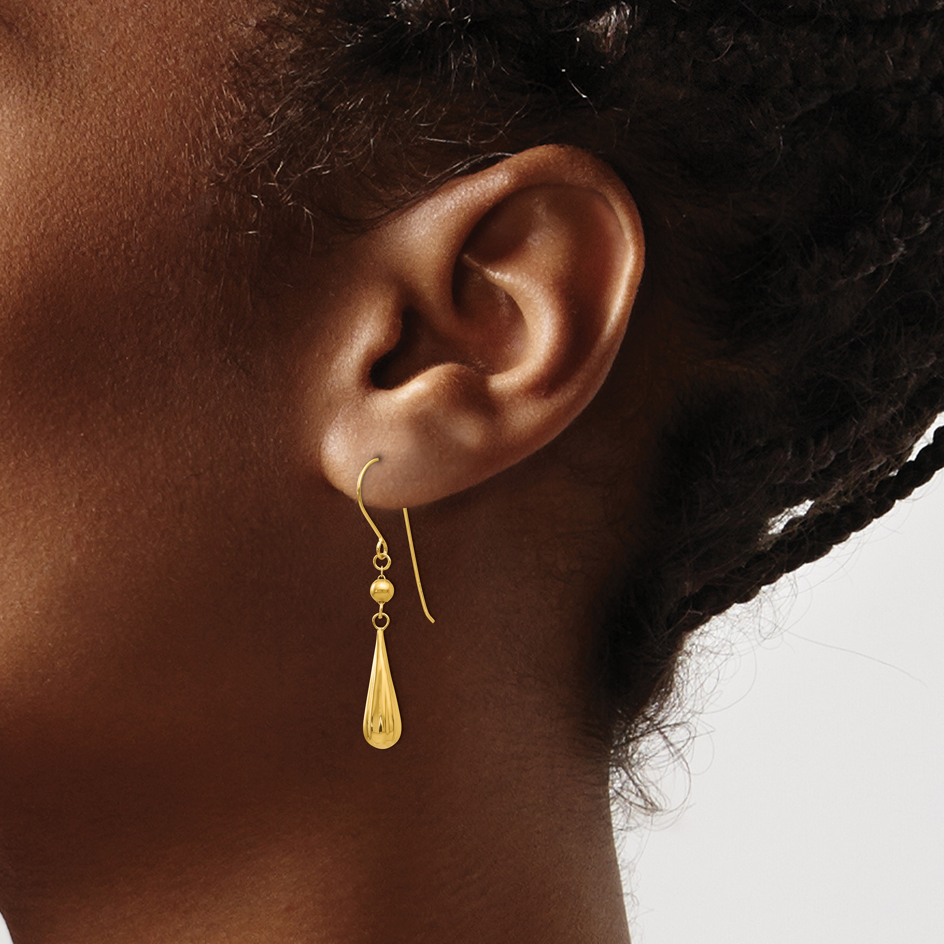 Grooved Puffed Teardrop Dangle French Hook Earrings 14k Yellow Gold 37x5mm detailed image 3