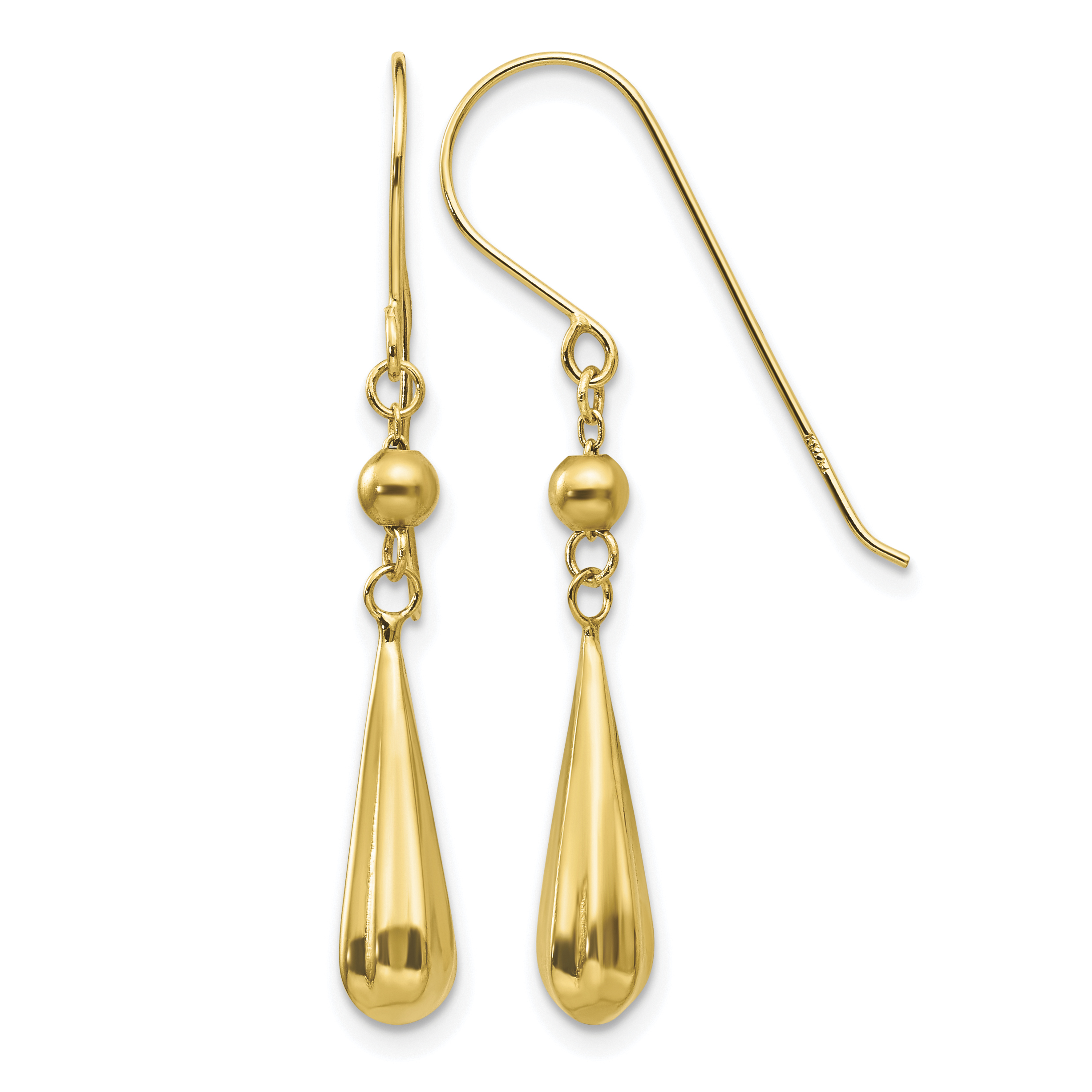 Grooved Puffed Teardrop Dangle French Hook Earrings 14k Yellow Gold 37x5mm main product image