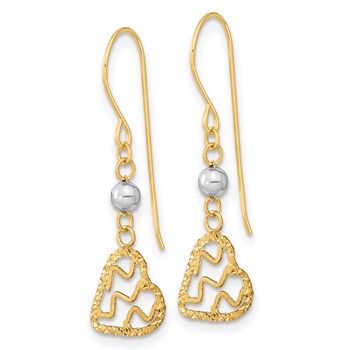 14k Two-tone Satin Diamond-cut Heart Dangle French Hook Earrings — alternate view