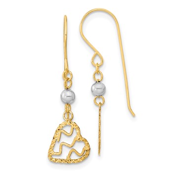 14k Two-tone Satin Diamond-cut Heart Dangle French Hook Earrings
