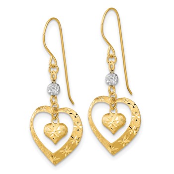 14k Two-tone Satin Diamond-cut Heart Dangle French Hook Earrings — alternate view