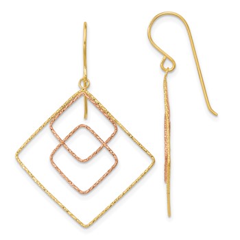 14k Two-tone Diamond-cut Graduated Square Drop French Hook Earrings