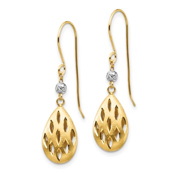 14k Two-Tone Diamond-cut Pierced Teardrop Dangle French Hook Earrings — alternate view