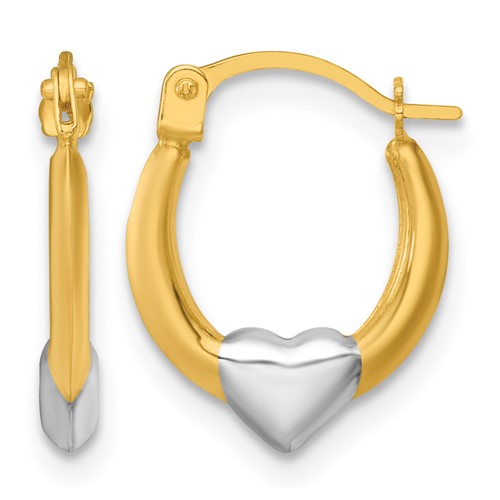 14k w/White Rhodium Polished Heart Hoop Earrings