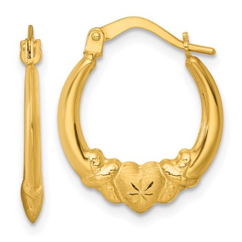 14k Polished Brushed and Diamond-cut Heart Scalloped Hollow Hoop Earrings