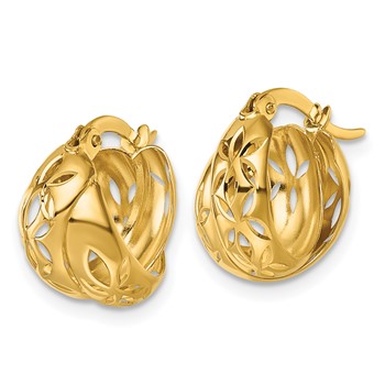 14k Polished Diamond-cut with Cut Out Floral Design Double Hoop Earrings — alternate view