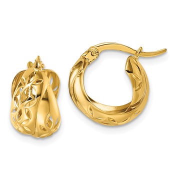 14k Polished Diamond-cut with Cut Out Floral Design Double Hoop Earrings