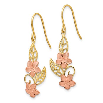 14K Two-tone Fancy Plumeria Dangle French Wire Earrings — alternate view