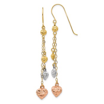 14k Tri-color Diamond-cut Puffed Heart and Chain Dangle French Hook Earrings