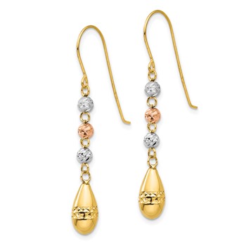14k Tri-color Diamond-cut Puffed Teardrop Beaded Dangle French Hook Earrings — alternate view