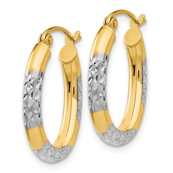 14K & Rhodium 3mm Diamond Cut Oval Hollow Hoop Earrings — alternate view