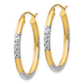 14K w/ White Rhodium 3mm Diamond Cut Oval Hollow Hoop Earrings — alternate view