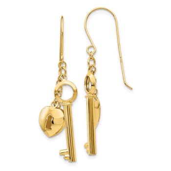14K Puffed Heart Lock and Key French Hook Earrings
