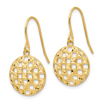 14k Circle Diamond-cut Checkerboard Dangle French Hook Earrings — alternate view
