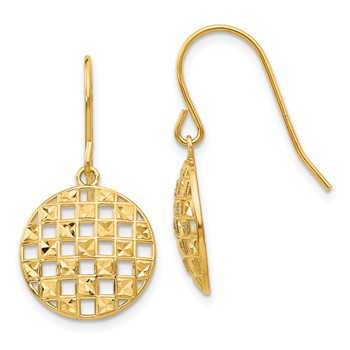 14k Circle Diamond-cut Checkerboard Dangle French Hook Earrings