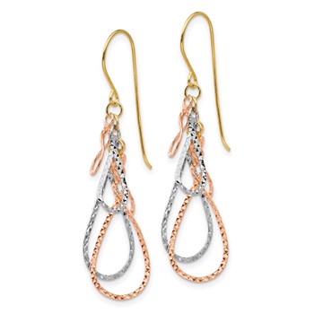 14K Tri-color Diamond-cut Teardrops Dangle French Hook Earrings — alternate view