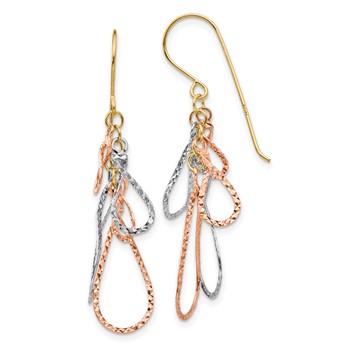 14K Tri-color Diamond-cut Teardrops Dangle French Hook Earrings