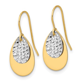 14k Two-tone Polished/Textured Teardrop Dangle Earrings — alternate view