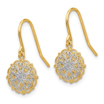 14k and White Rhodium Polished and Textured Medallion Dangle French Hook Earrings — alternate view
