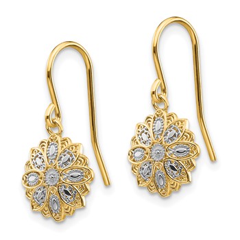 14k and White Rhodium Diamond-cut Polished Medallion Dangle Wire Earrings — alternate view