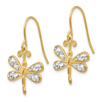 14k and White Rhodium Diamond-cut Dragonfly Dangle French Hook Earrings — alternate view