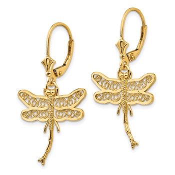 14k Dragonfly with Filigree Wings Dangle Leverback Earrings — alternate view