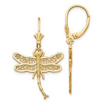 14k Dragonfly with Filigree Wings Dangle Leverback Earrings