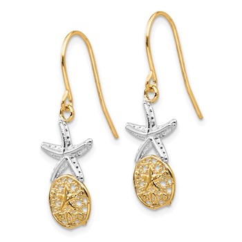 14k & Rhodium Starfish w/Sand Dollar Shepherd Hook Earrings — alternate view
