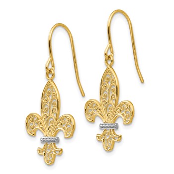 14k and White Rhodium Filigree Fleur de lis Dangle French Hook Earrings — alternate view