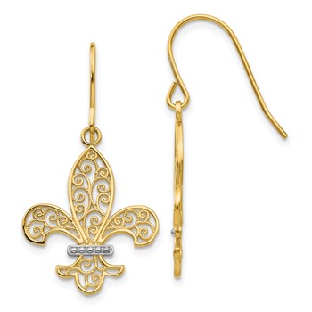 14k and White Rhodium Filigree Fleur de lis Dangle French Hook Earrings