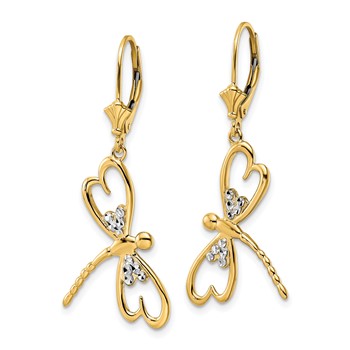 14k and White Rhodium Diamond-cut Dragonfly Dangle Leverback Earrings — alternate view