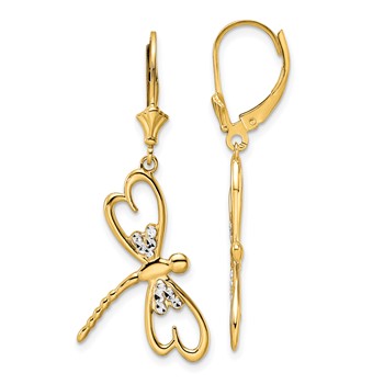 14k and White Rhodium Diamond-cut Dragonfly Dangle Leverback Earrings