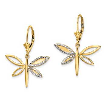 14k and White Rhodium Diamond-cut Dragonfly Leverback Earrings — alternate view