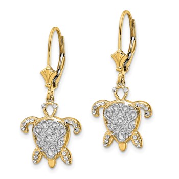 14k and White Rhodium Diamond-cut Filigree Turtle Leverback Earrings — alternate view