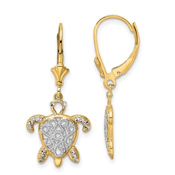14k and White Rhodium Diamond-cut Filigree Turtle Leverback Earrings
