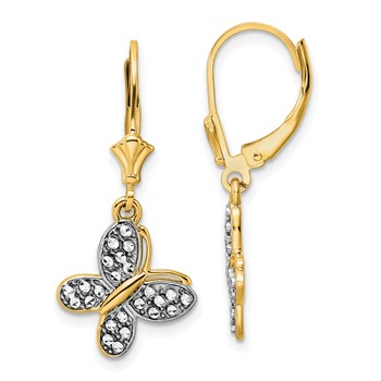 14k and White Rhodium Diamond-cut Fancy Butterfly Dangle Leverback Earrings