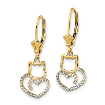 14k & White Rhodium D/C Cat Heart Leverback Earrings — alternate view
