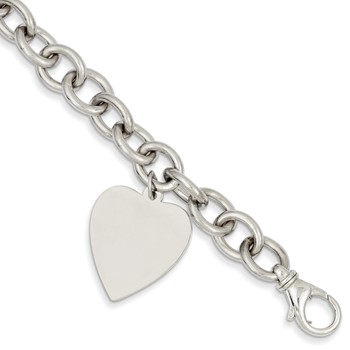 14k White Gold 8.5in Polished Engravable Link with Heart Charm Bracelet